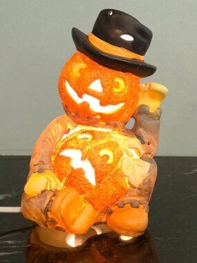 Vintage Ceramic Light-Up Pumpkin Man Halloween Decoration spooky retro Fall lamp